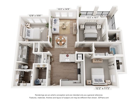 A 3D floor plan of a two-bedroom apartment.
